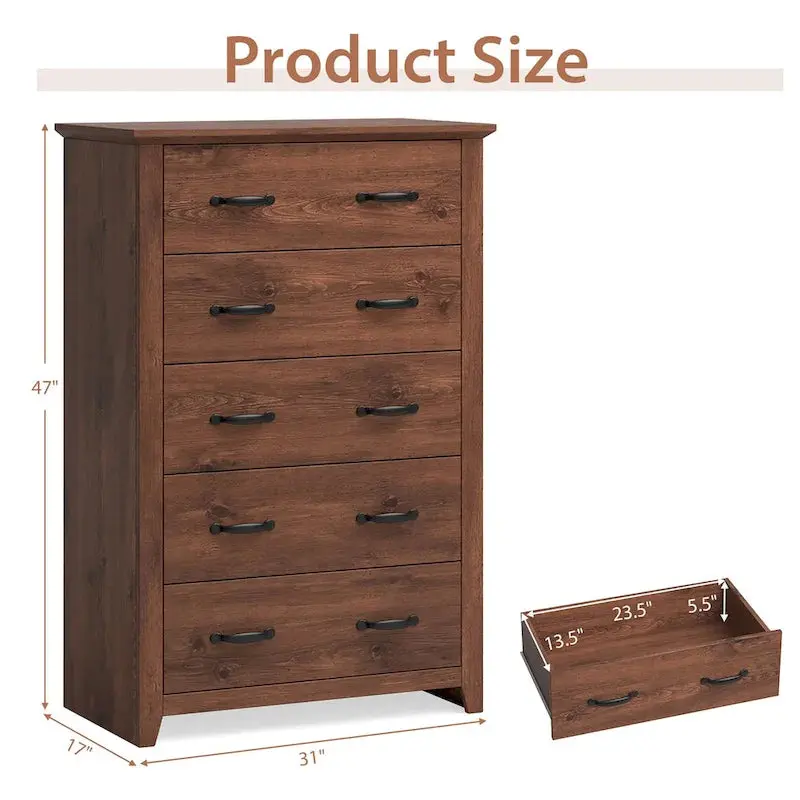 5-Drawer Storage Cabinet, 31 x 17 x 47 in, MDF – Dark Grey, Walnut, Or White