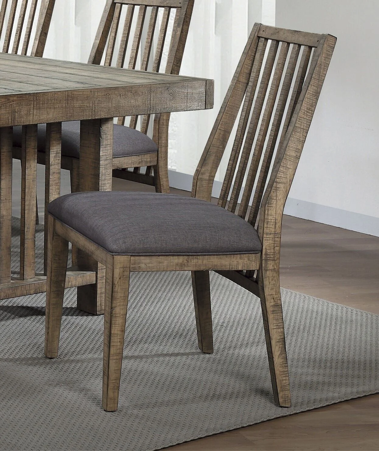 Rustic Design Wooden Side Chairs 6pc Set With Padded Gray Fabric Seats – Natural Weathering Look
