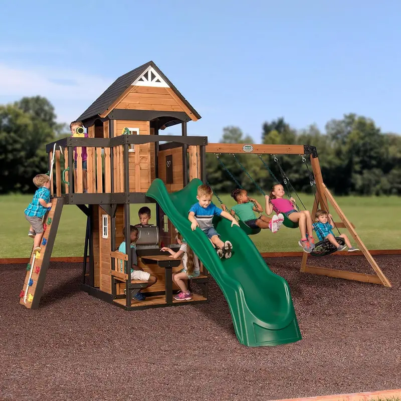 Canyon Creek Cedar Outdoor Playset With Clubhouse, 8-Foot Slide, 2 Belt Swings, Web Disc Swing – 183 x 188 x 119 inches