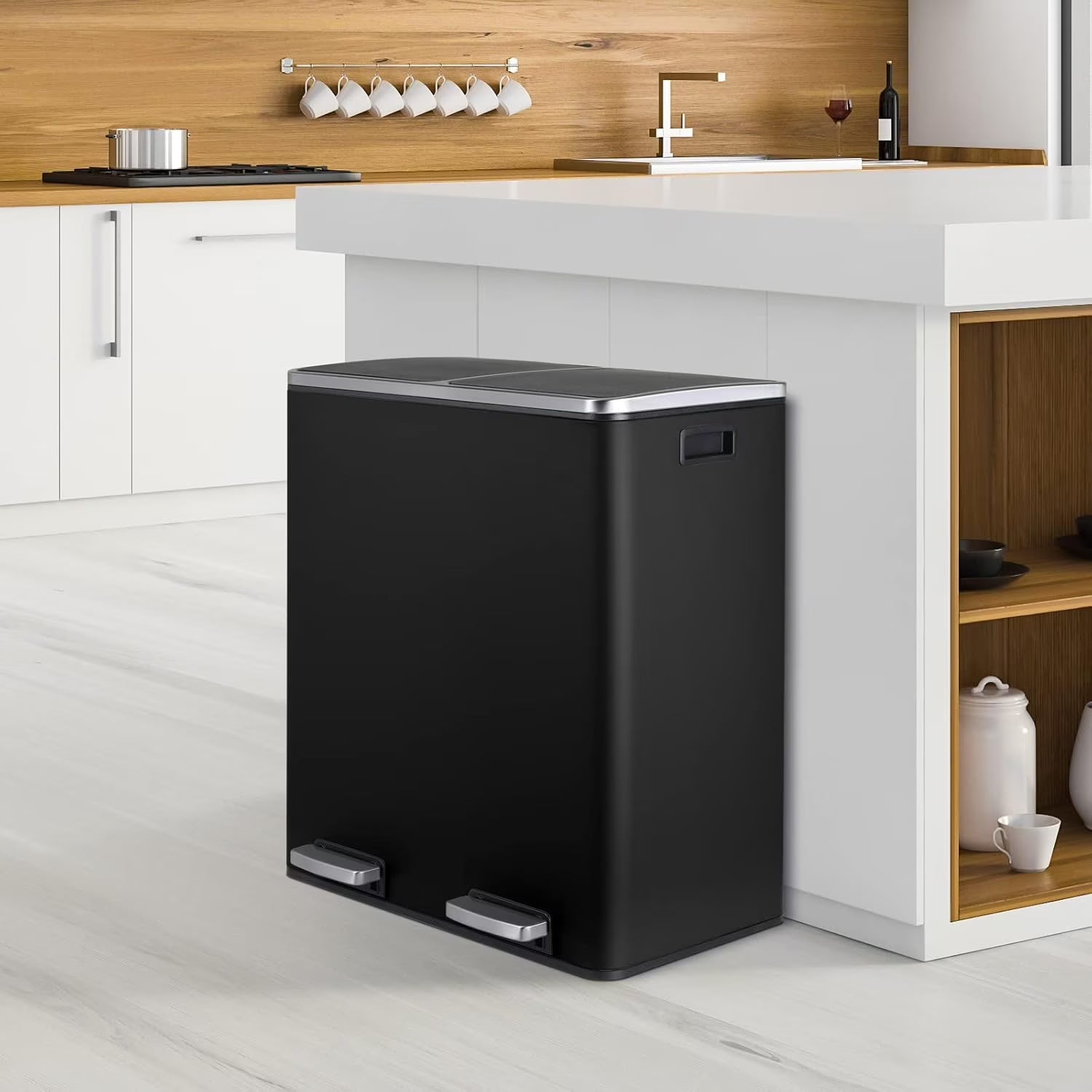Arlopu Dual Kitchen Trash Can, 60 L/16 gal, Stainless Steel, Black