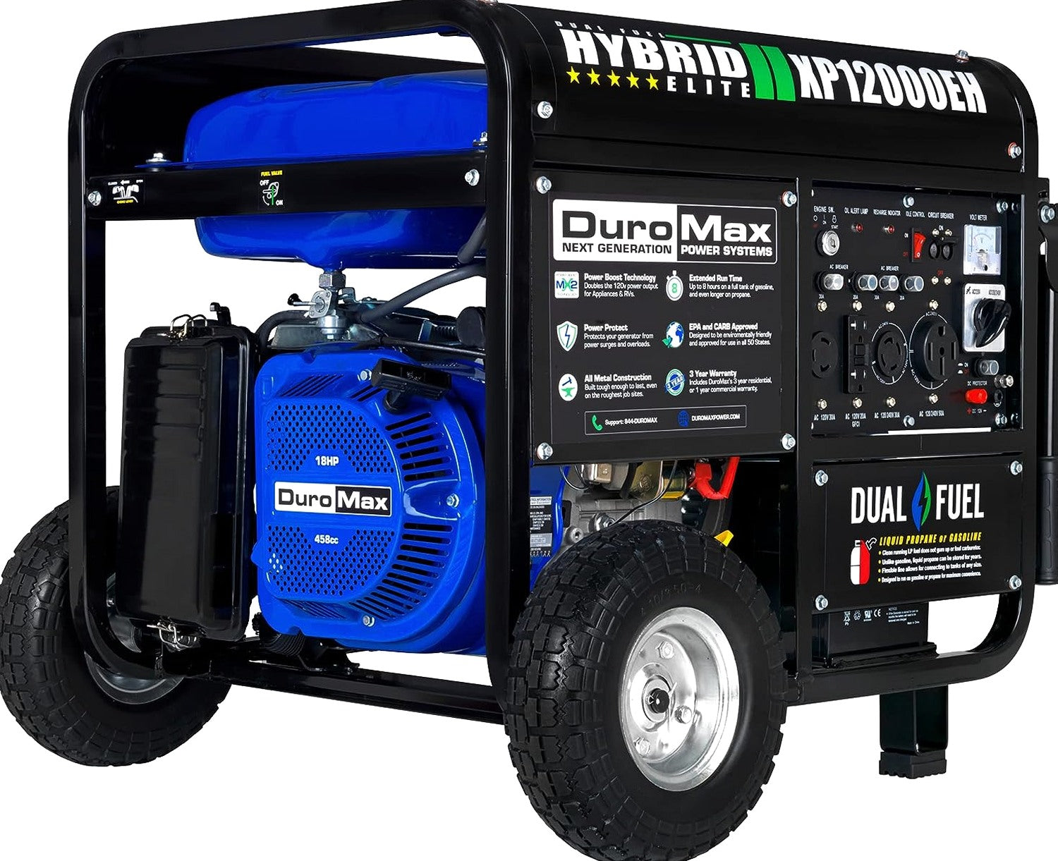 DuroMax Dual Fuel Generator 12,000W Gas/Propane, 457cc 4-Stroke Engine – XP12000EH