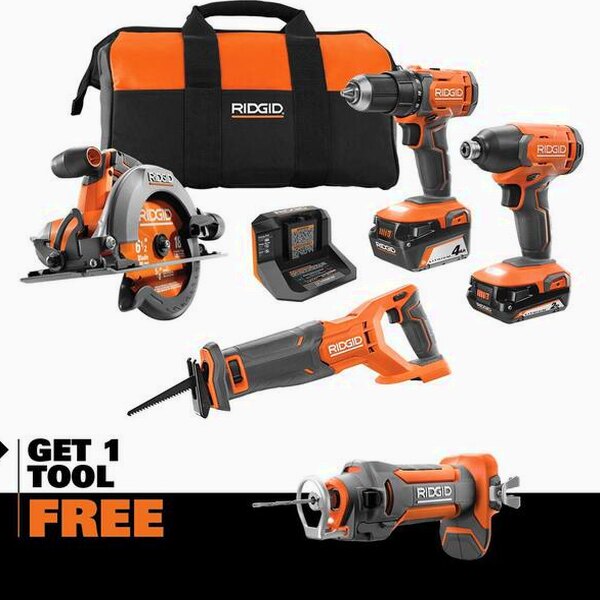 RIDGID 18V 4-Tool Cordless Combo Kit With 2.0 Ah Battery, 4.0 Ah Battery, Charger, Bag And Drywall Cut-Out Tool – R96256