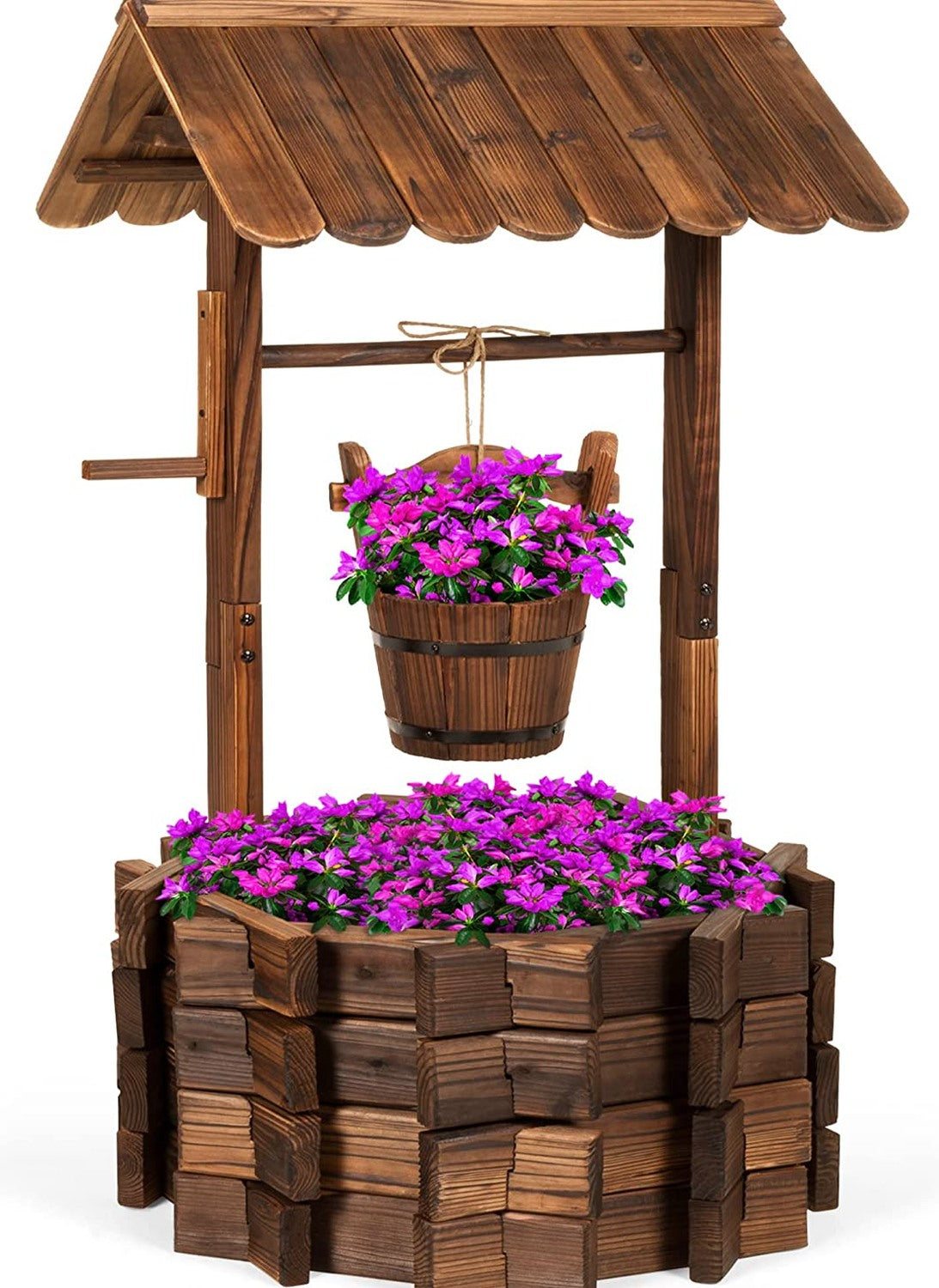 Best Choice Products Rustic Wooden Wishing Well Planter With Hanging Bucket – 16-Inch