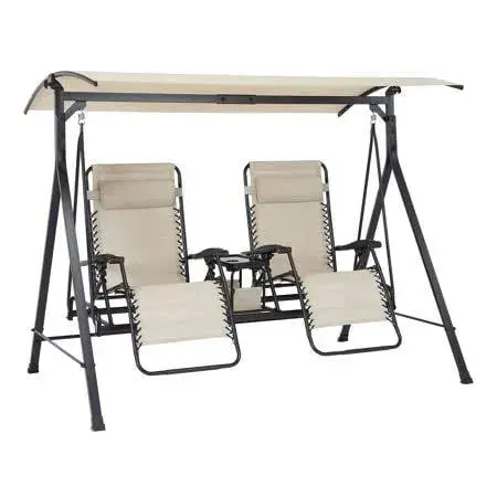 Mainstays Zero-Gravity Porch Swing, Steel Frame, Beige/Black, 2-Person, 90.55 x 58.27 x 72.44 in