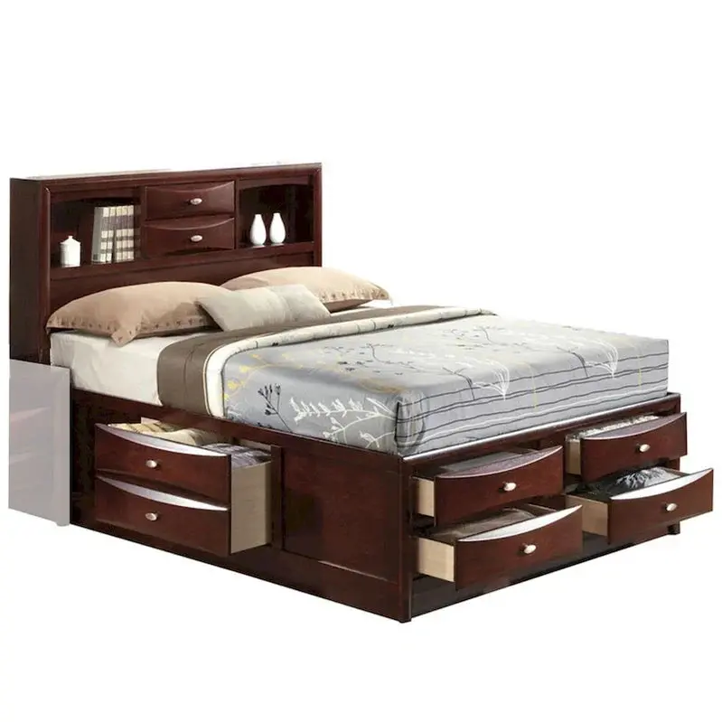 Panel-Style Queen Bookcase Bed With Drawers – Brown