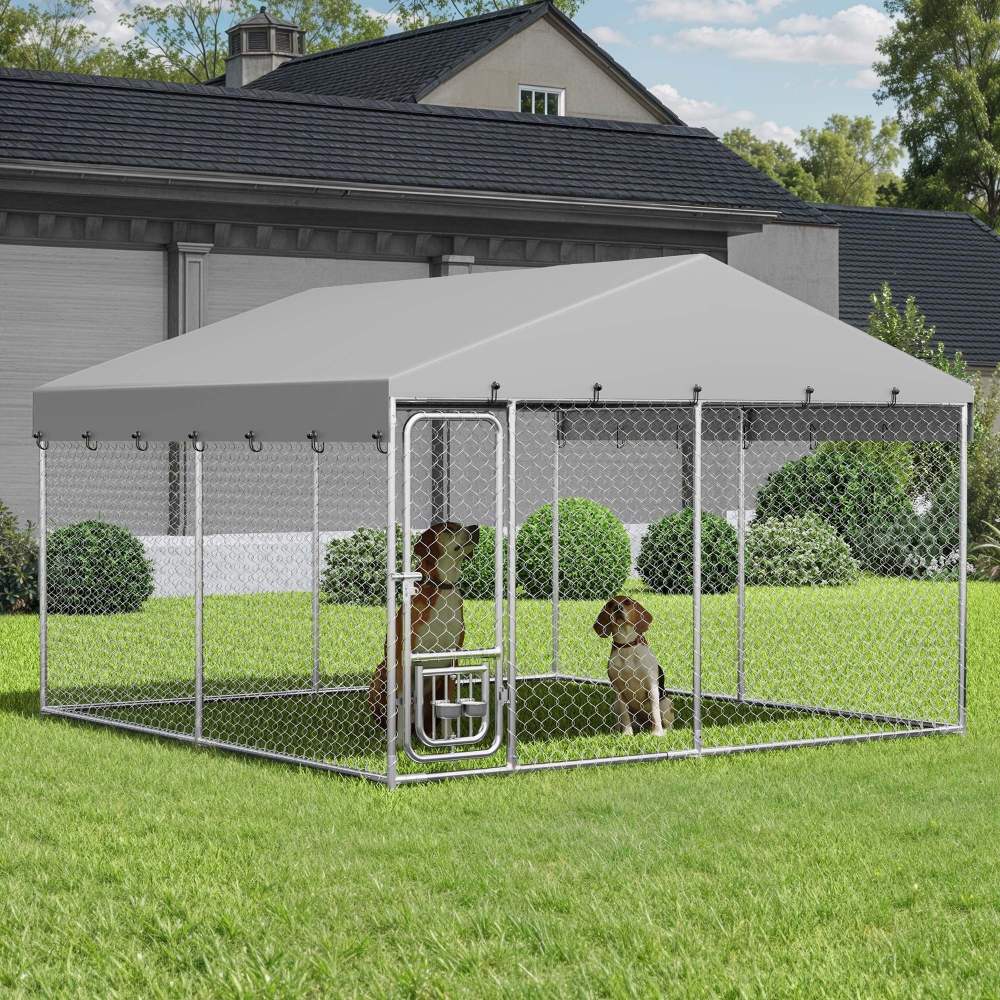 Dextrus Outdoor Dog Kennel Enclosure With Roof And Rotating Feeder Bowls, 10’x10′, Silver