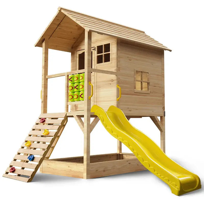 Rovo Kids Wooden Tower Playhouse With Slide, Climbing Wall And Sandpit – PLYCBHRV4NTA