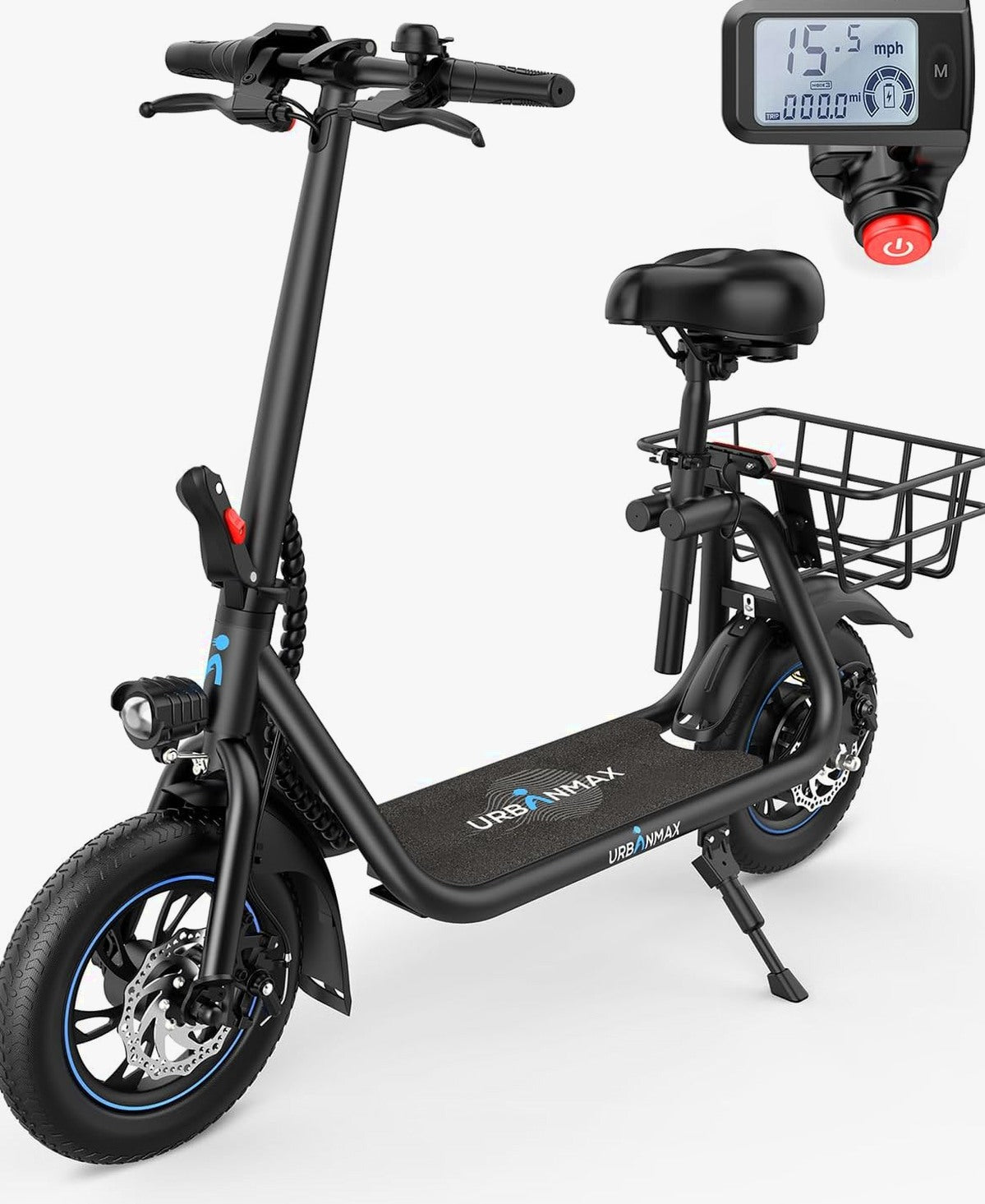 URBANMAX C1 Electric Scooter With Seat, 450W Motor, 22 Mile Range, 12 Inch Tires, Black