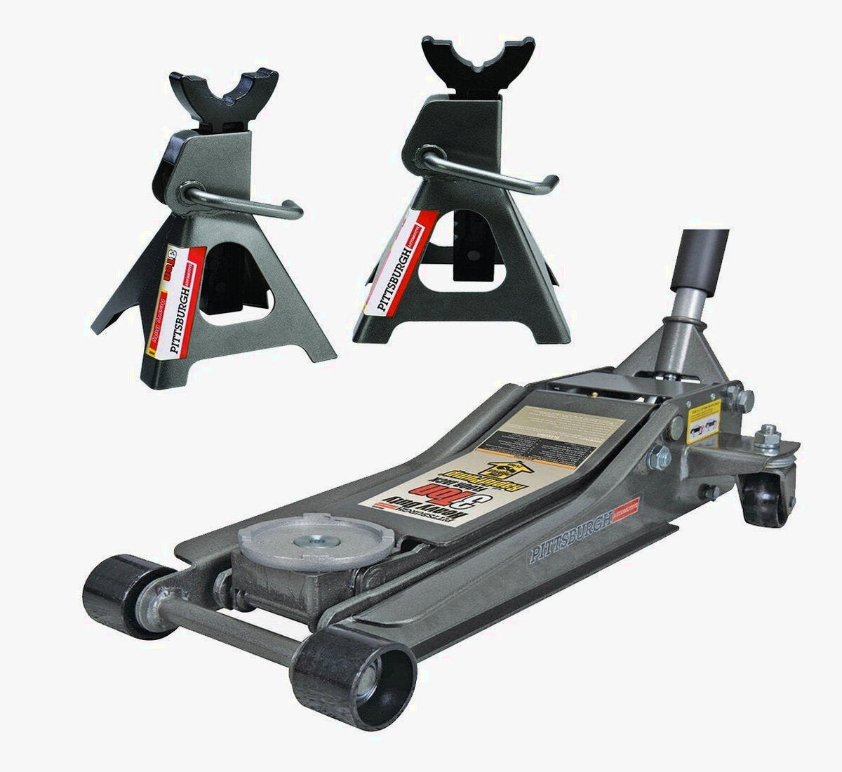 Pittsburg 3 Ton Low Profile Steel Floor Jack And Jack Stands Set Combo – Rapid Pump Quick Lift