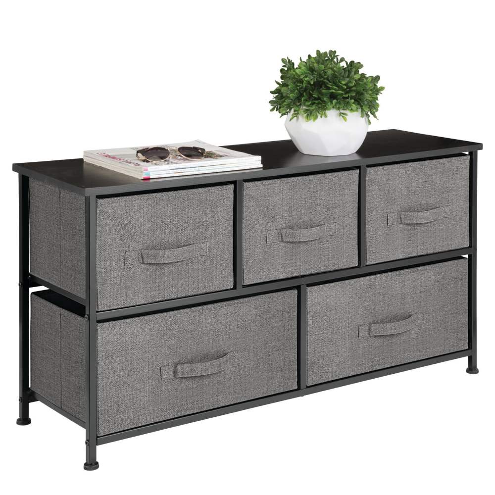 mDesign Wide Storage Dresser With 5 Removable Fabric Drawers – Dark Gray