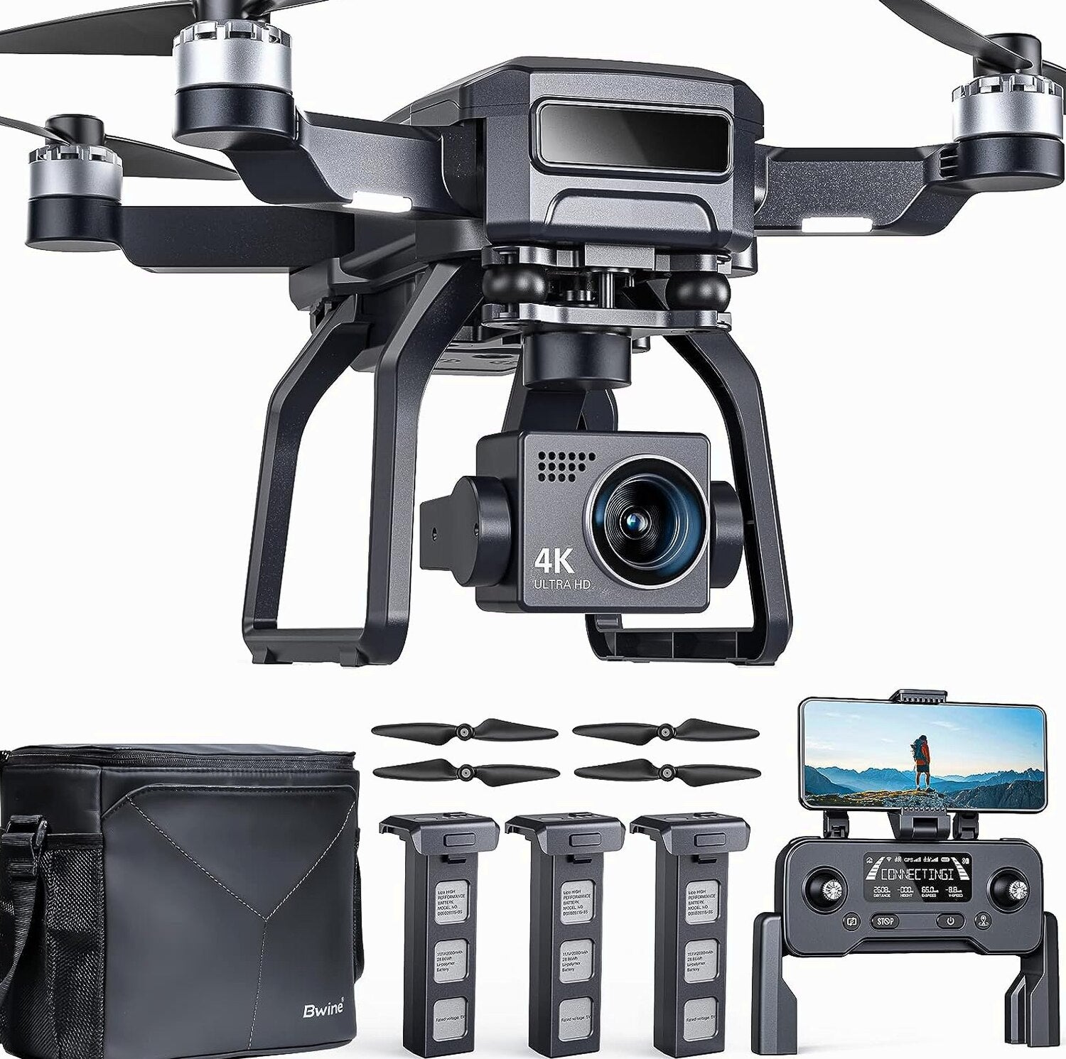 Bwine GPS Camera Drone With 4K Night Vision, 3-Axis Gimbal, 3 Batteries, Black – F7GB2 3B