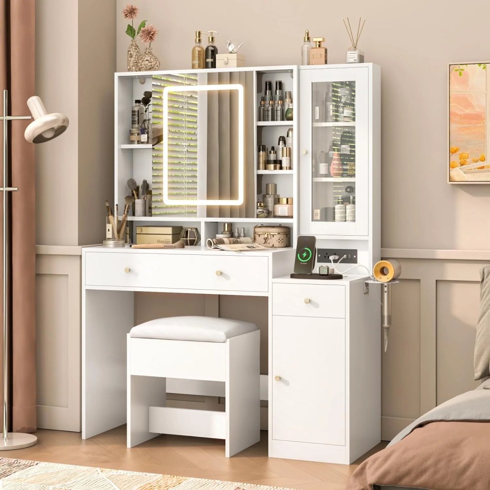 White Vanity Desk With Sliding LED Mirror, Charging Station, 2 Drawers, 2 Doors And Cushioned Stool – 15.7’D x 43’W x 57’H