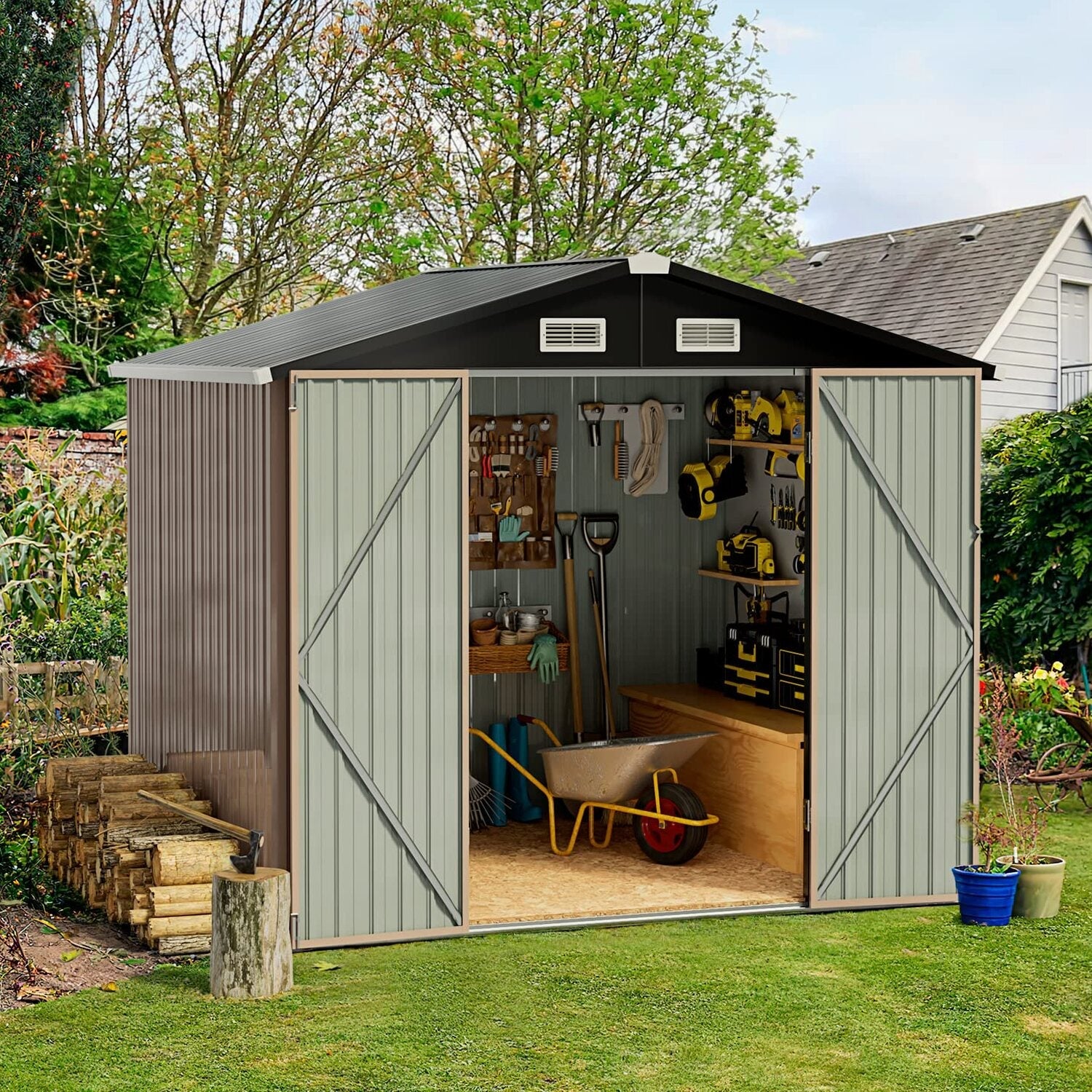 Aoxun Outdoor Storage Shed 6.4×4 FT Brown