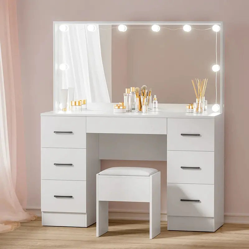 Artiss Dressing Table Set, 7 Drawers, LED Mirror, Stool, 10 Bulbs, White – Debbie