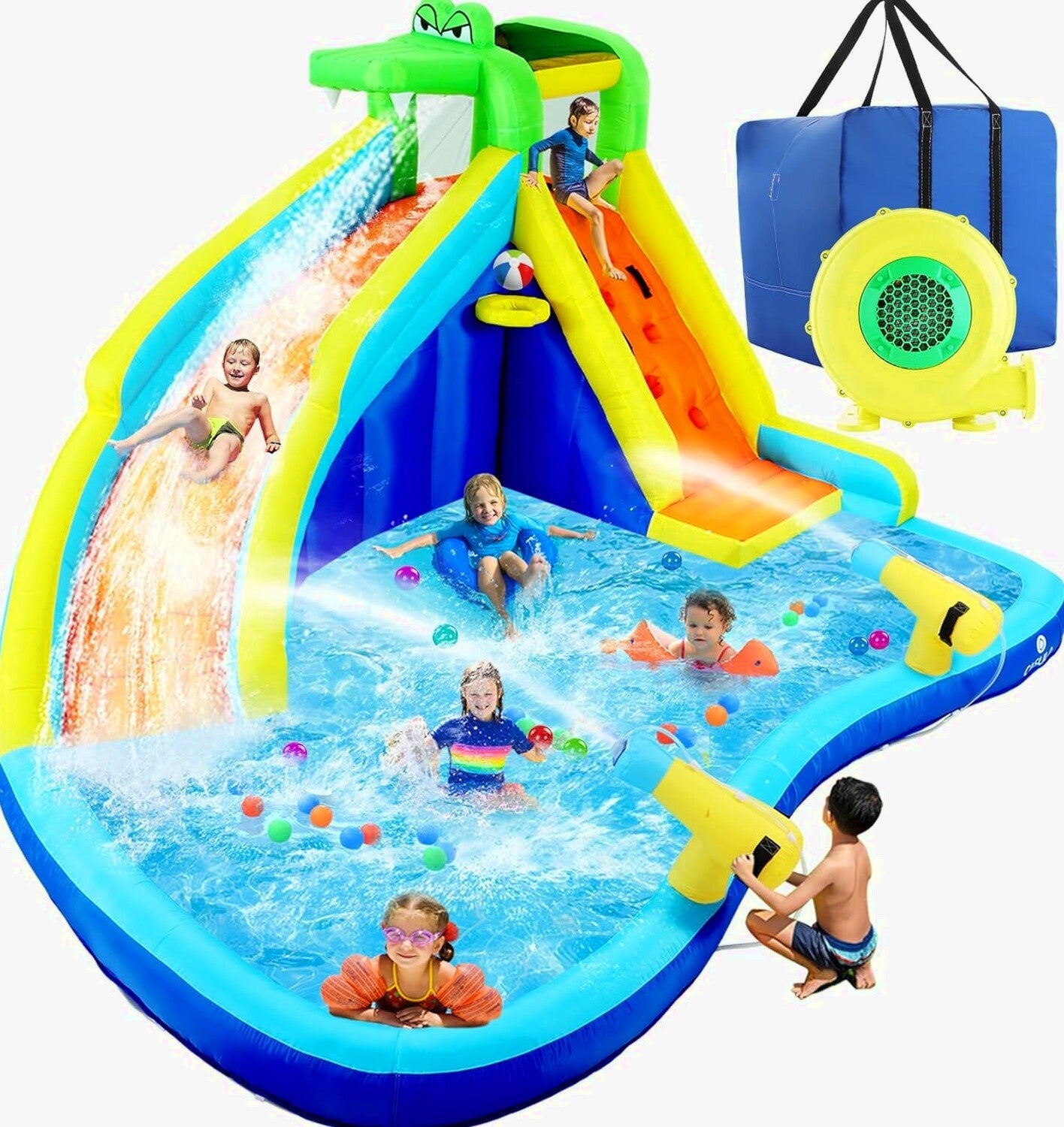 ROOJER 8-in-1 Kids Inflatable Bounce House Water Park With 450W Blower, 2 Water Cannons, Crocodile Sprinkler – B0C2HLK2R4